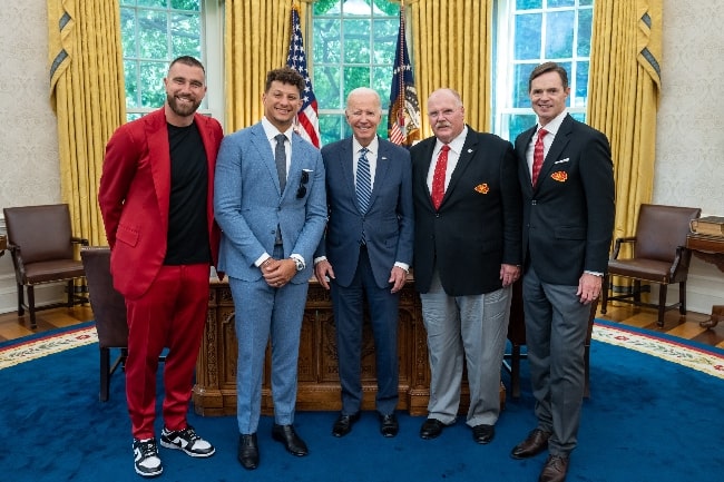 From Left to Right - Travis Kelce, Patrick Mahomes, U.S. President Joe Biden, Andy Reid, and Mark Donovan in the Oval Office following Reid's second Super Bowl victory in Super Bowl LVII in June 2023