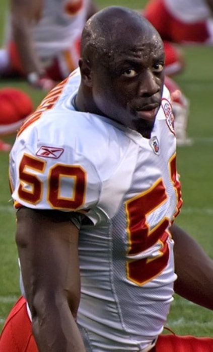 Justin Houston as seen with the Kansas City Chiefs in a game against the Green Bay Packers at Lambeau Field on September 1, 2011