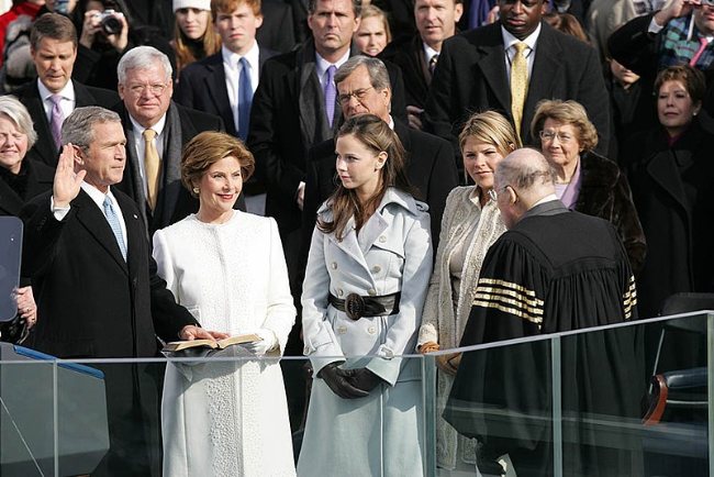Laura Bush seen with her husband and kids during George Bush's second swearing in ceremony on January 20, 2005