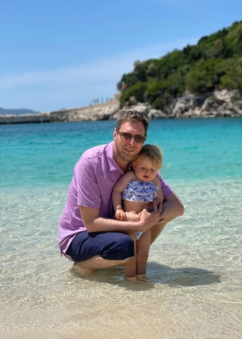 Leka, Prince of Albania as seen while smiling for a picture with his daughter in May 2022