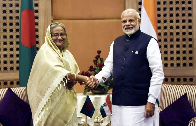 Sheikh Hasina as seen while posing for a picture with Indian Prime Minister Narendra Modi on the sidelines of the 4th BIMSTEC Summit in Kathmandu, Nepal on August 30, 2018