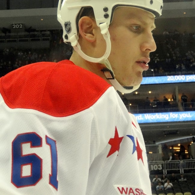 Steven Oleksy as seen with Washington Capitals while warming up before a game against the Pittsburgh Penguins on March 19, 2013 at Consol Energy Center in Pittsburgh, PA