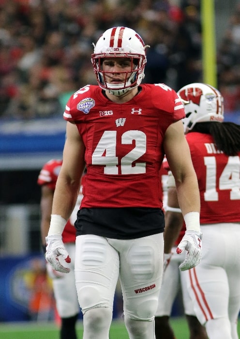 T. J. Watt as seen while playing for the University of Wisconsin Badgers during a game against West Michigan in the Cotton Bowl on January 2, 2017