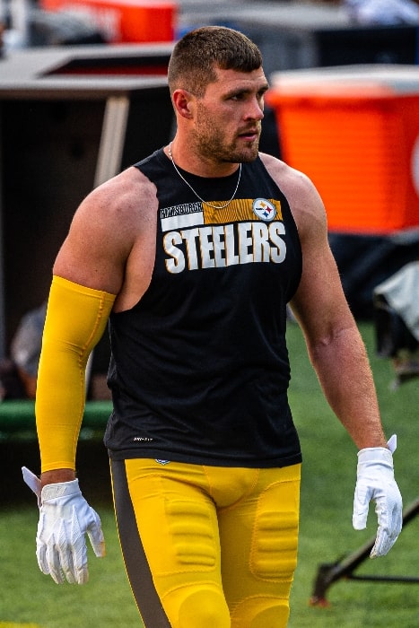 T. J. Watt as seen with the Pittsburgh Steelers during pre-game warm-ups prior to a game on October 31, 2021