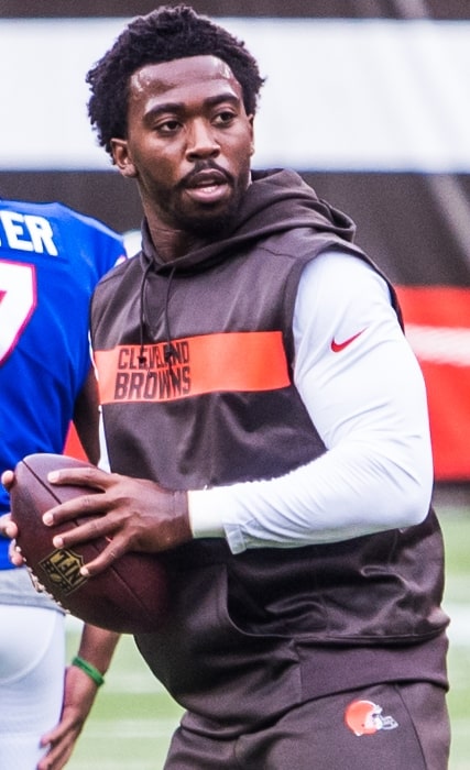 Tyrod Taylor as seen with the Cleveland Browns during warms-up prior to a practice game against the Buffalo Bills on August 17, 2018