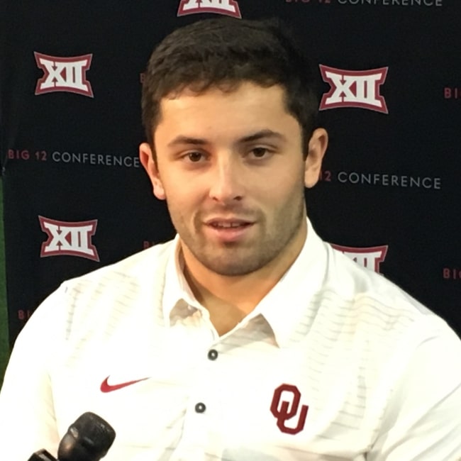 Baker Mayfield, quarterback of the Oklahoma Sooners football team, at the 2017 Big 12 Conference Media Days in Frisco, Texas