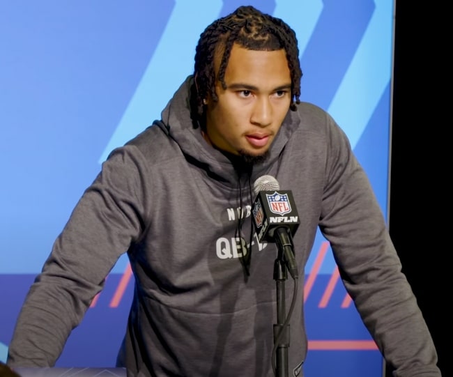 C. J. Stroud as seen while talking to the media at the 2023 NFL Combine