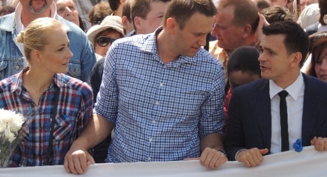 From Left to Right - Yulia Navalnaya, Alexei Navalny, and Russian opposition politician Ilya Yashin as seen at Moscow rally on June 12, 2013