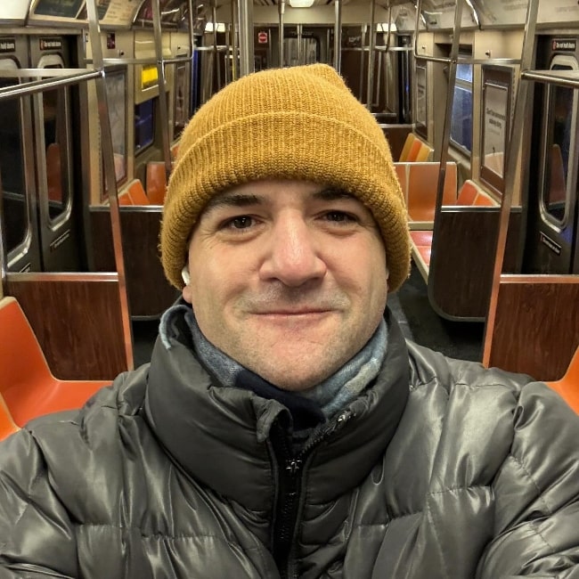 Jimmy Smagula as seen while smiling in a subway selfie in New York in February 2024