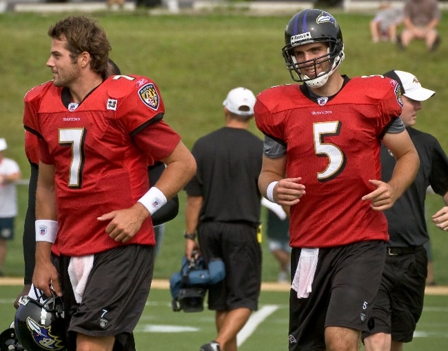 Joe Flacco (Right) as seen with teammate Kyle Boller during Baltimore Ravens training camp on July 23, 2008