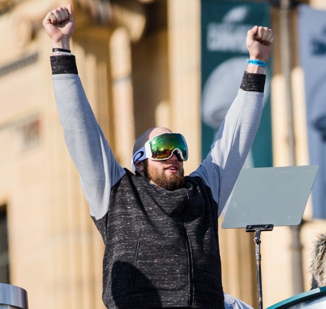 Lane Johnson as seen with the Philadelphia Eagles during the Super Bowl LII Victory Parade in Philadelphia, Pennsylvania on February 8, 2018