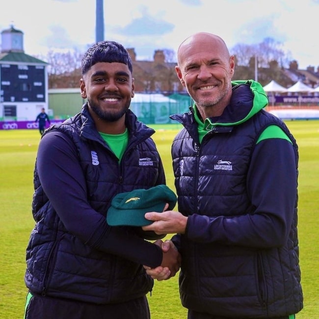Rehan Ahmed as seen in a picture with cricket coach Paul Nixon taken in Aril 2023, at the Leicestershire County Cricket Club