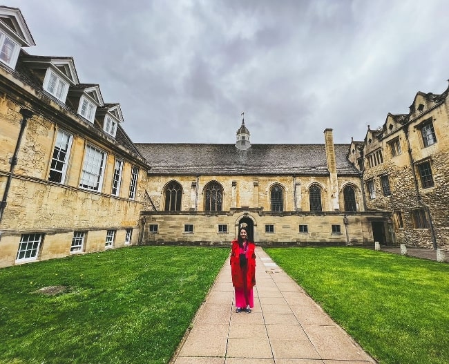 Shruti Seth as seen while posing for a picture at St John's College in Oxford, United Kingdom in 2023