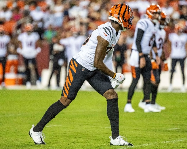 Tee Higgins as seen with the Cincinnati Bengals in a match against the Washington Football Team at FedEx Field in Landover, Maryland in August 2021