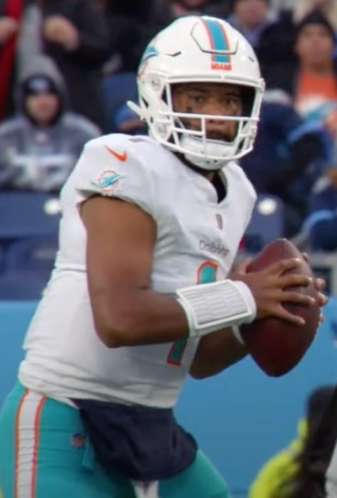 Tua Tagovailoa as seen at quarterback with the Mami Dolphins during a game against the Tennessee Titans on January 2, 2022
