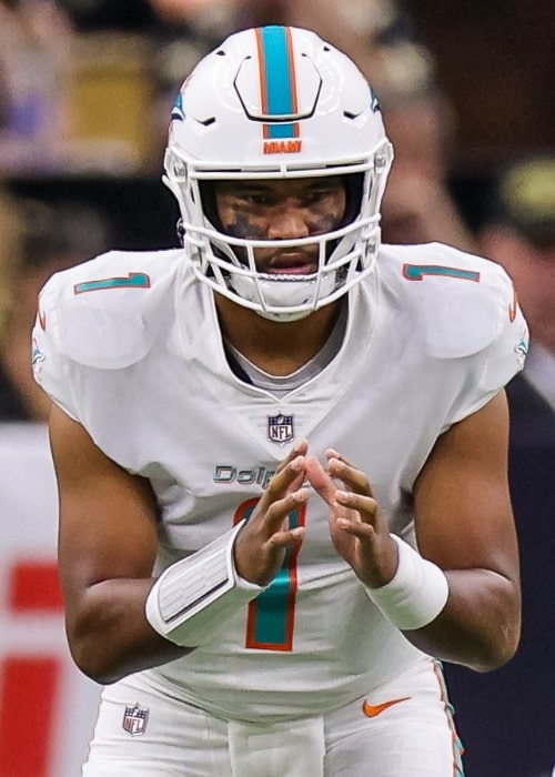 Tua Tagovailoa as seen with the Miami Dolphins in a match against New Orleans Saints during the first half at Caesars Superdome in 2021