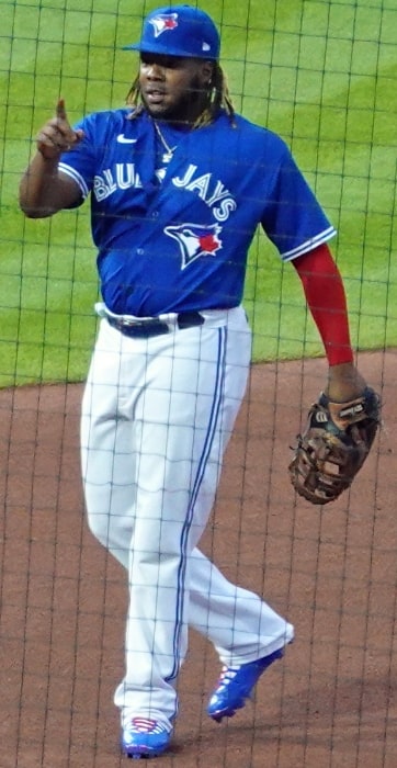 Vladimir Guerrero Jr. as seen while playing first base for the Toronto Blue Jays during a game against the Texas Rangers at Sahlen Field in Buffalo, New York on July 16, 2021