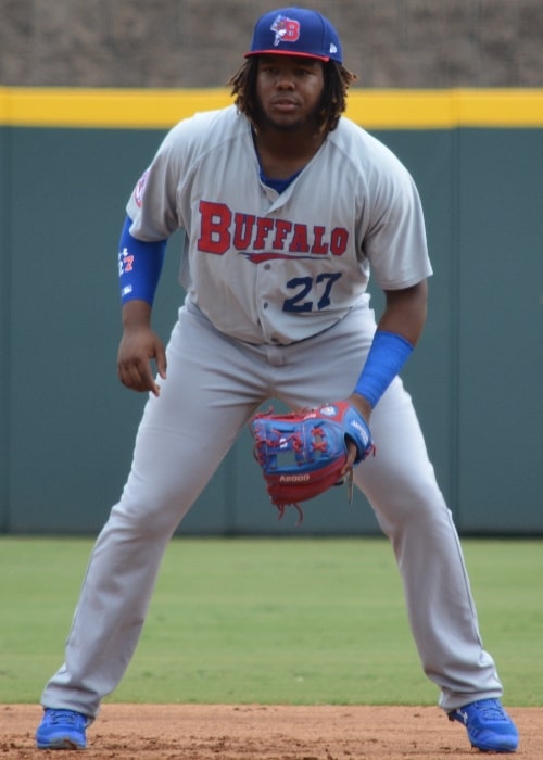 Vladimir Guerrero Jr. as seen while playing third base for the Buffalo Bisons (Triple-A) during a game against the Gwinnett Stripers in Gwinnett, Georgia on August 9, 2018