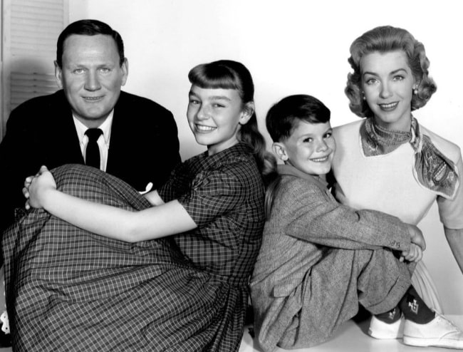 From Left to Right - Wendell Corey, Patty McCormack, Ray Farrell, and Marsha Hunt as seen in a cast photo from the short-lived television program 'Peck's Bad Girl'