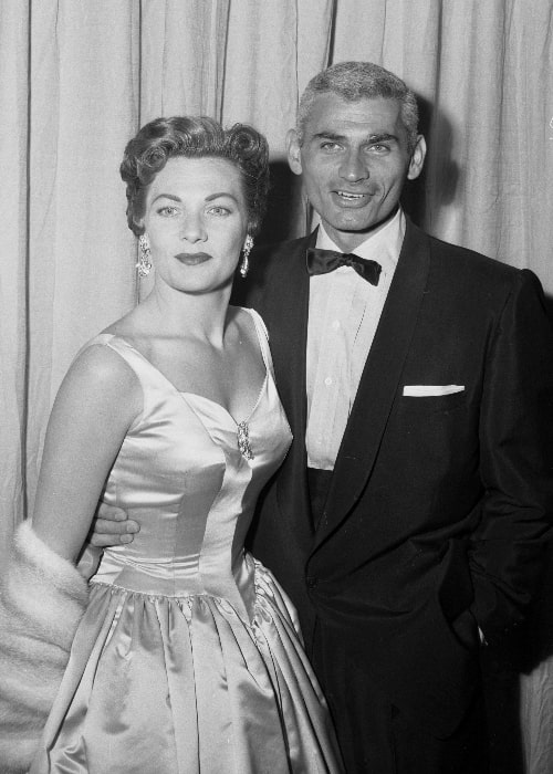 Jeff Chandler as seen while posing for a picture with his wife Marjorie Hoshelle at the 27th Annual Academy Awards at the Pantages Theatre in Los Angeles